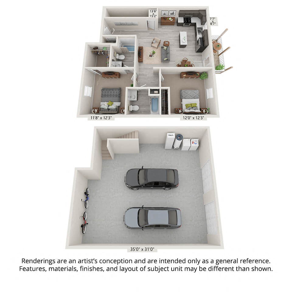 Floor plan for 2 beds, 2 baths, 1104 sqft